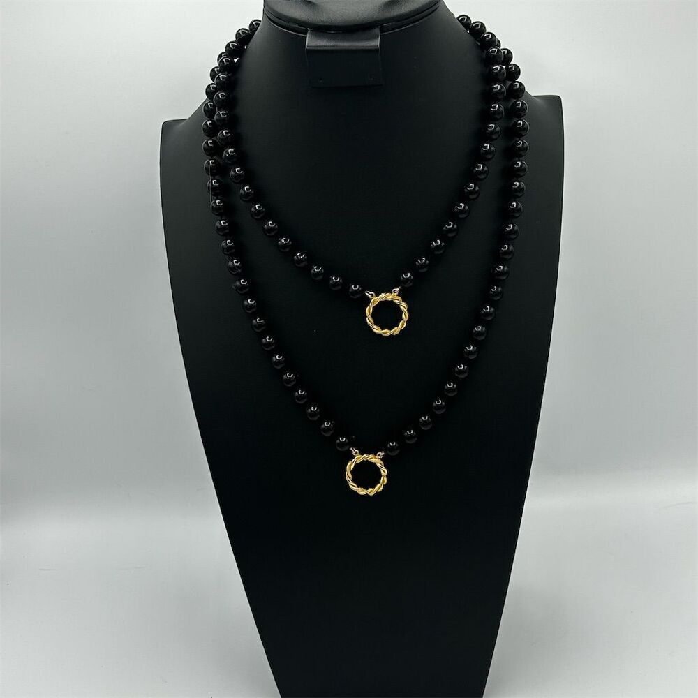Black Bead Necklace Gold Toned Accent Hoops Necklace